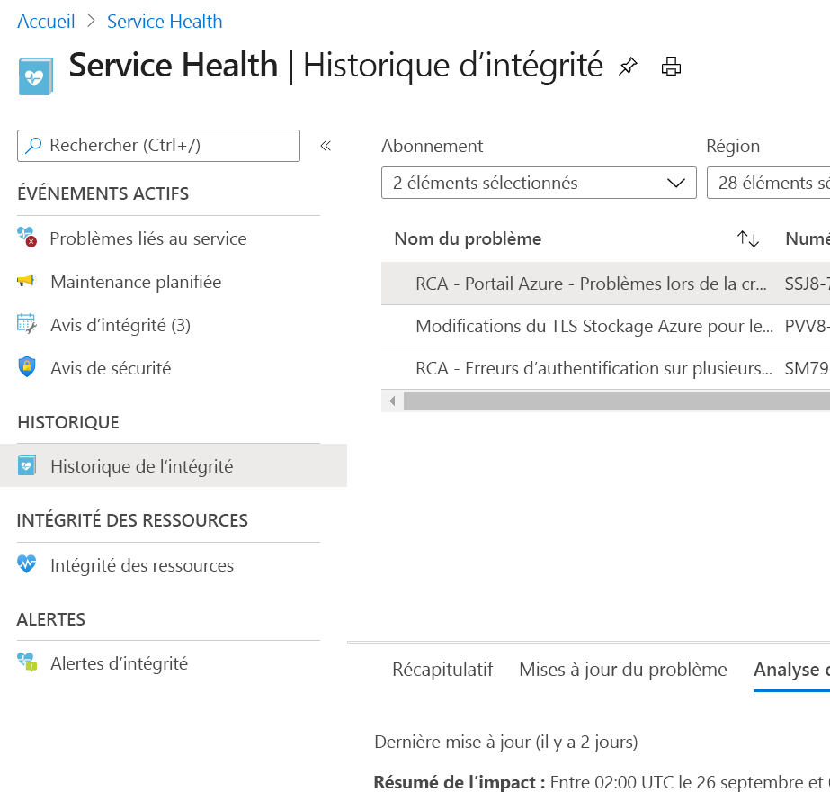 Screenshot of Azure Service Health > Health history that lists issues that impact your subscriptions.