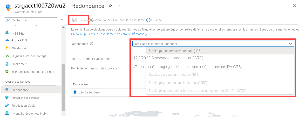 Screenshot of the geo-replication page, where you can change the replication from LRS to GRS.