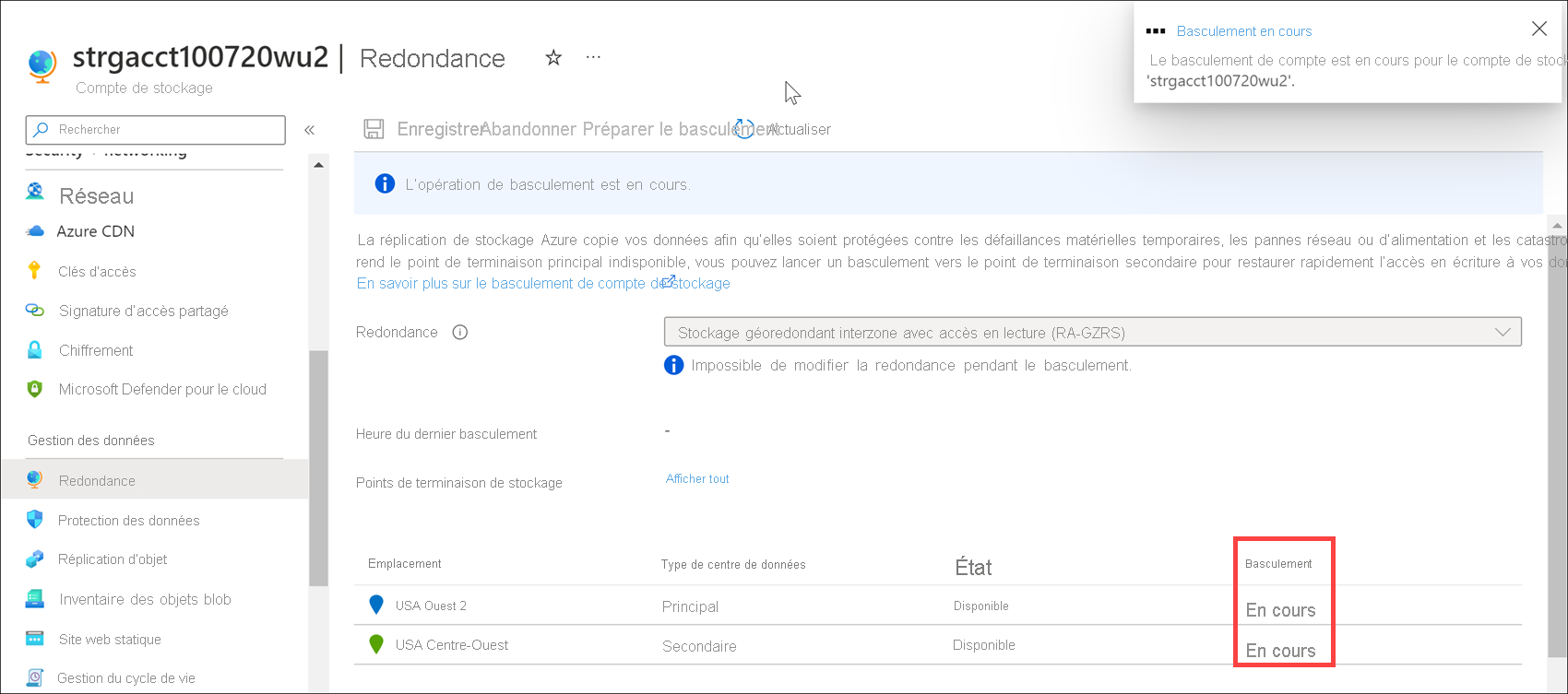 Screenshot of the geo-replication page that shows the failover status is in progress.