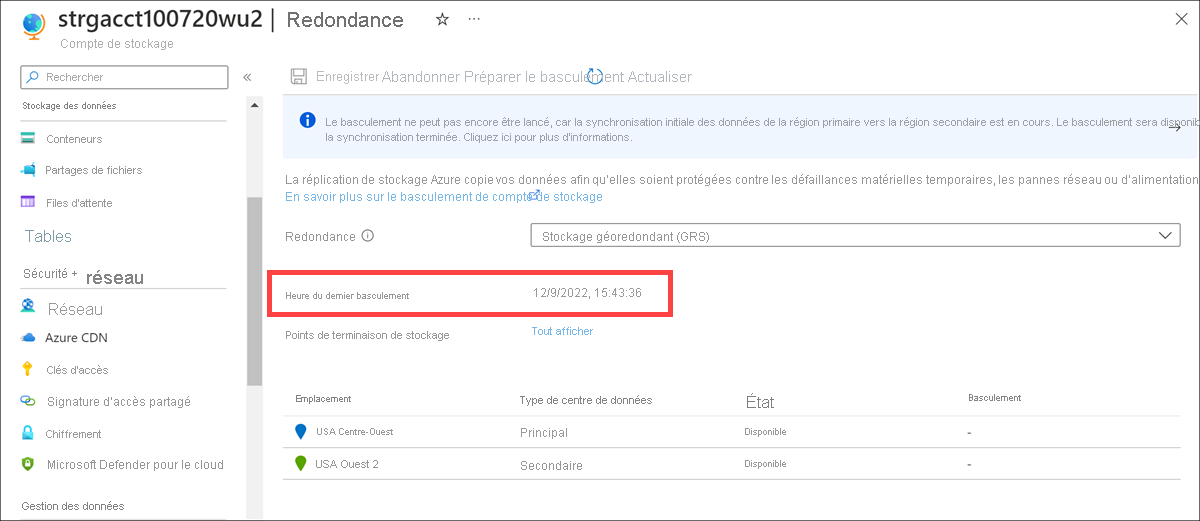 Screenshot that shows an updated last failover time on the geo-replication page.