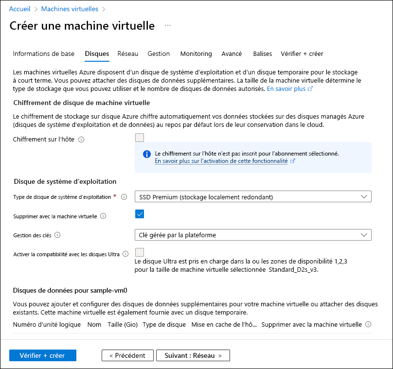 Capture d’écran montrant l’onglet Disques de l’Assistant Création d’une machine virtuelle.