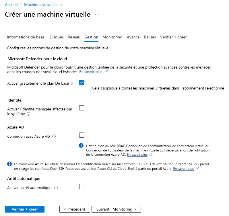 Capture d’écran montrant l’onglet Gestion de l’Assistant Création d’une machine virtuelle.