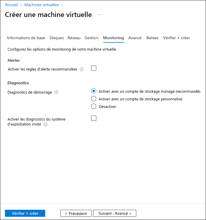 Capture d’écran montrant l’onglet Supervision de l’Assistant Création d’une machine virtuelle.