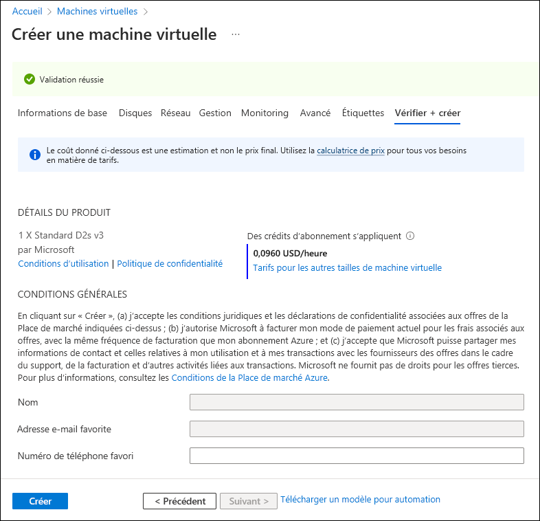 Capture d’écran montrant l’onglet Vérifier + créer de l’Assistant Création d’une machine virtuelle.