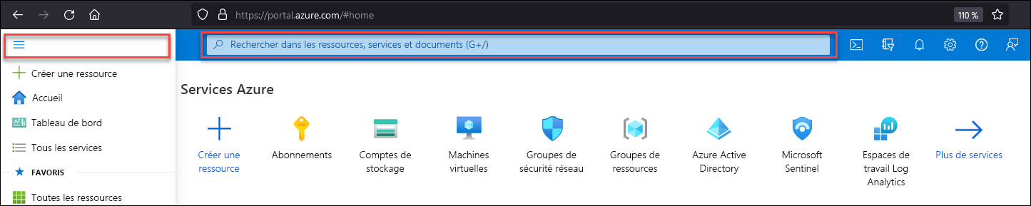 Capture d’écran montrant le menu du portail et la zone de texte de la recherche globale.