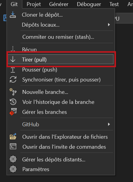 Capture d’écran montrant où tirer (pull) les modifications de GitHub.