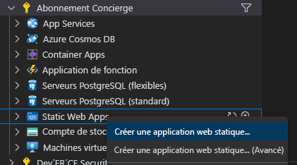 Capture d’écran montrant où aller pour créer une application web.