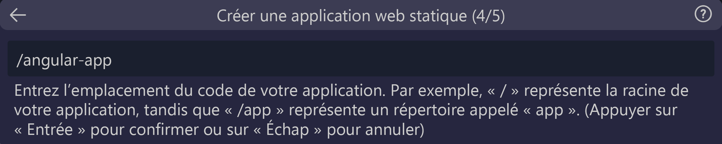 Capture d’écran montrant l’emplacement du code entré, c’est-à-dire, l’application Angular.