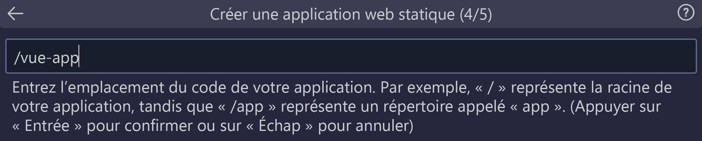 Capture d’écran montrant l’emplacement du code entré, c’est-à-dire, l’application Vue.