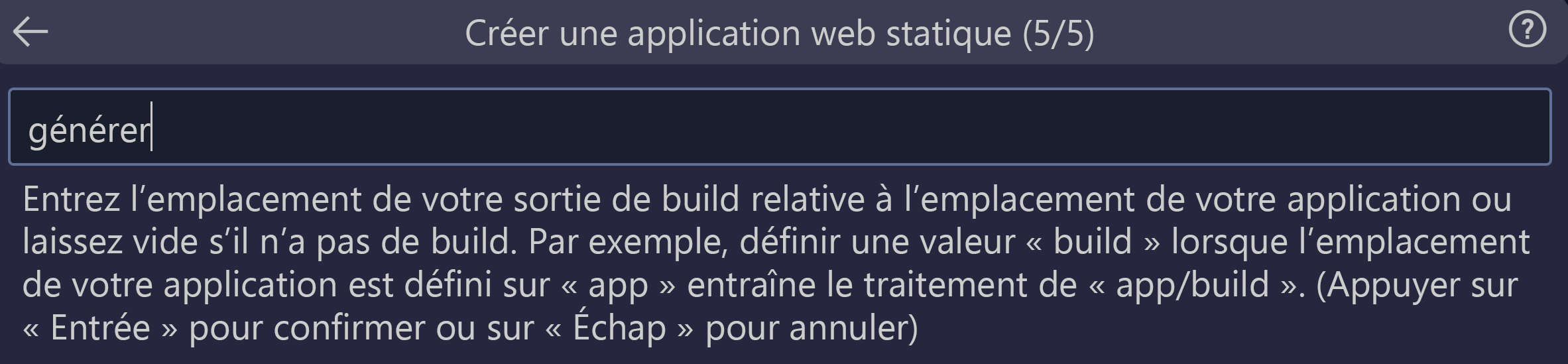 Capture d’écran montrant comment entrer l’emplacement de sortie de build pour React.