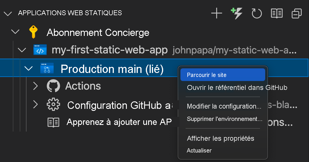 Capture d’écran montrant comment accéder à votre site d’application web statique.