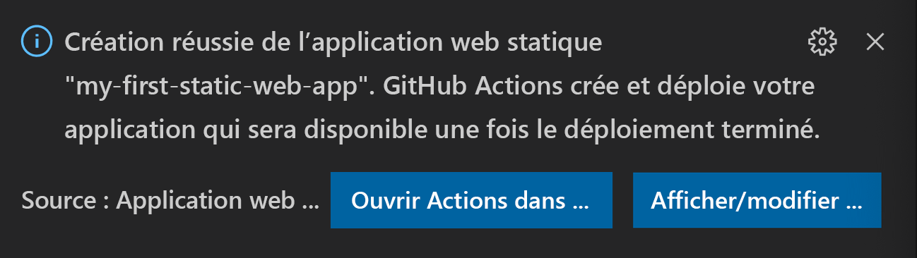 Capture d’écran du code de confirmation demandant à l’utilisateur d’ouvrir des actions dans GitHub ou Afficher/Modifier la configuration.