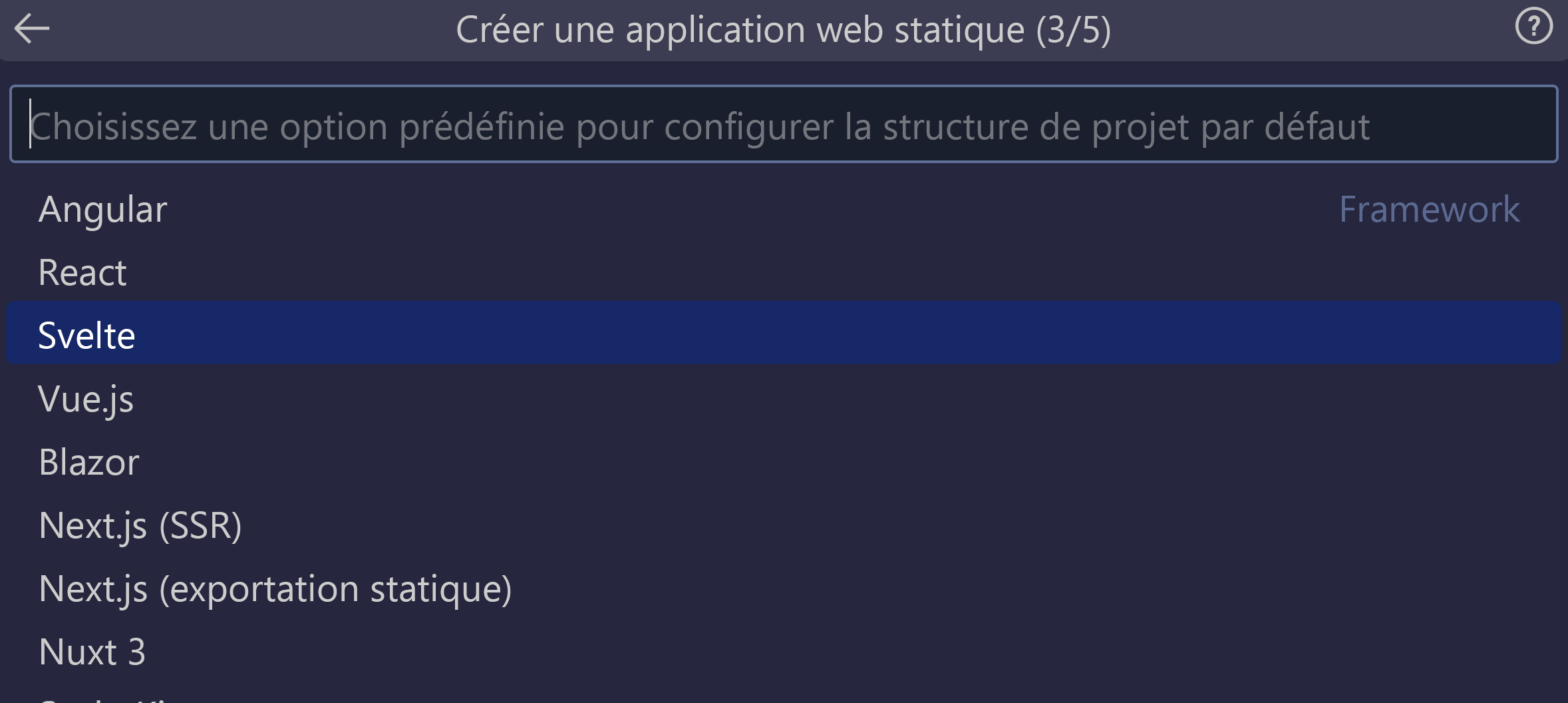 Capture d’écran montrant l’option Svelte sélectionnée.