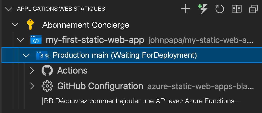 Capture d’écran de l’interface utilisateur VS Code montrant l’attente du déploiement.