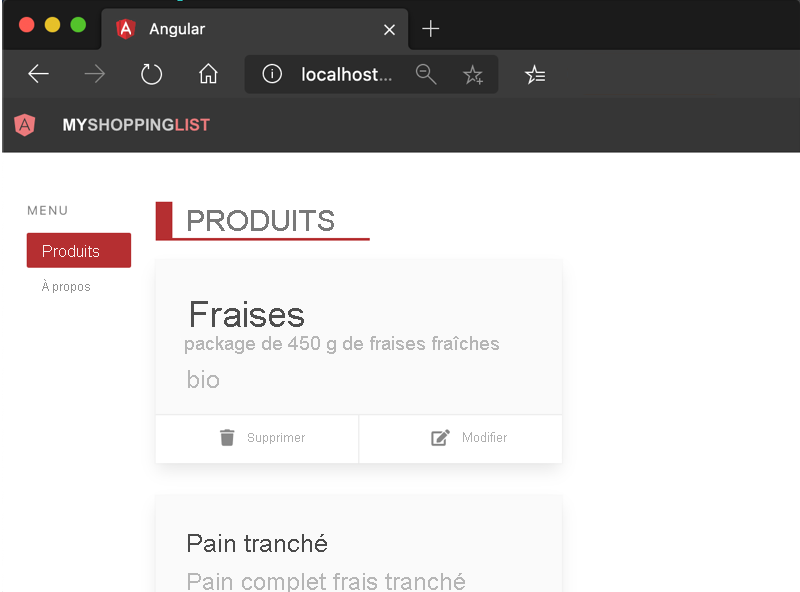 Capture d’écran de l’accès à votre application web Angular.