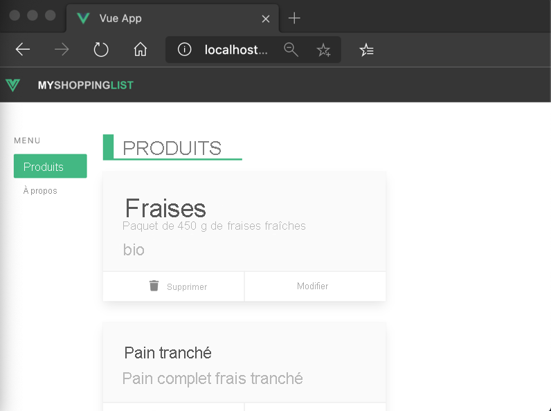 Capture d’écran de l’accès à votre application web Vue.