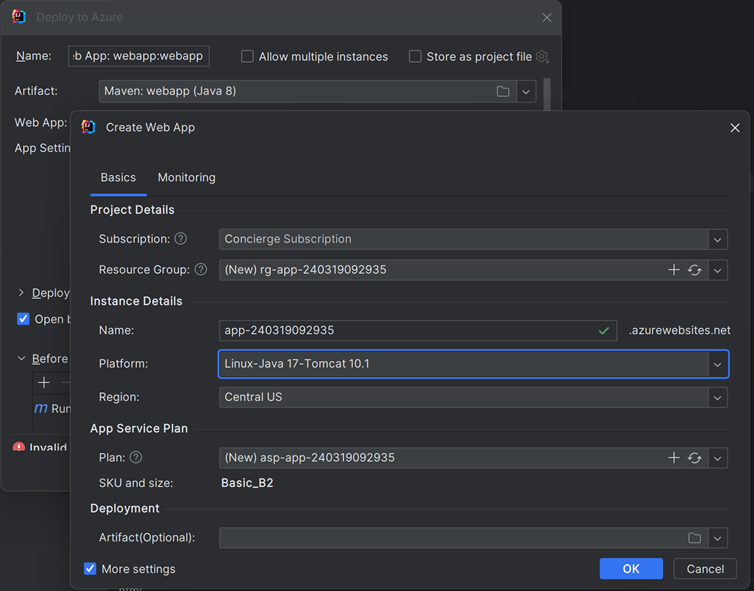 Capture d’écran de la configuration d’une nouvelle application web Azure dans IntelliJ IDEA.