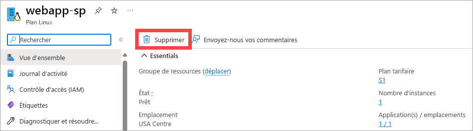 Capture d’écran du portail Azure. L’utilisateur supprime le plan App Service.