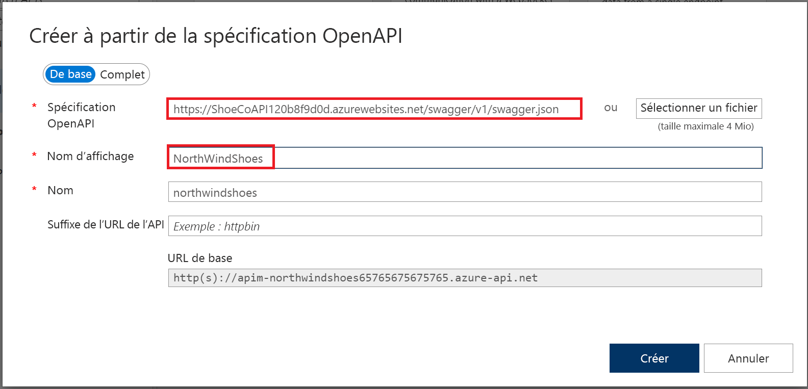 Capture d’écran des paramètres d’importation Créer à partir de la spécification OpenAPI avec les champs Spécification OpenAPI et Nom complet mis en évidence.