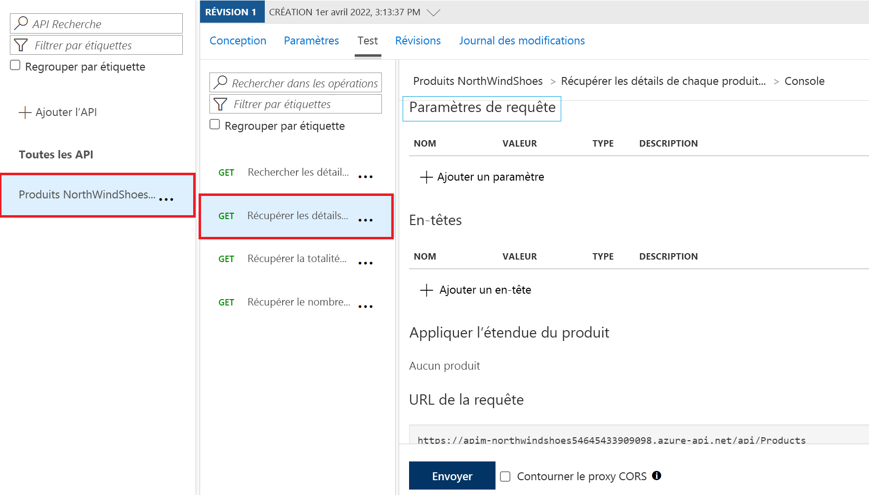 Capture d’écran de la configuration d’API du portail Azure montrant la mise en évidence d’un test de requête GET sur une API importée.