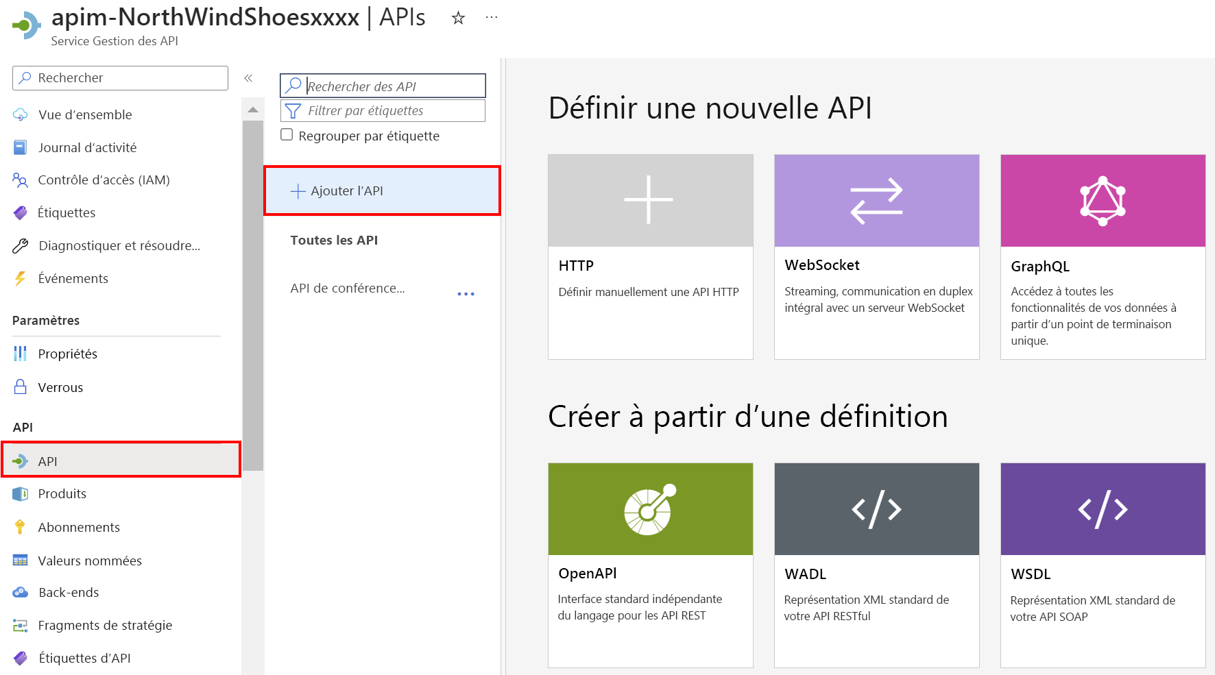 Capture d’écran du portail Azure montrant le service Gestion des API avec mise en évidence de la section API sélectionnée.