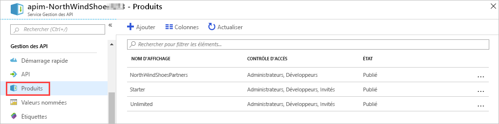 Capture d’écran du portail Azure montrant la gestion des API avec la section Produits mise en évidence.