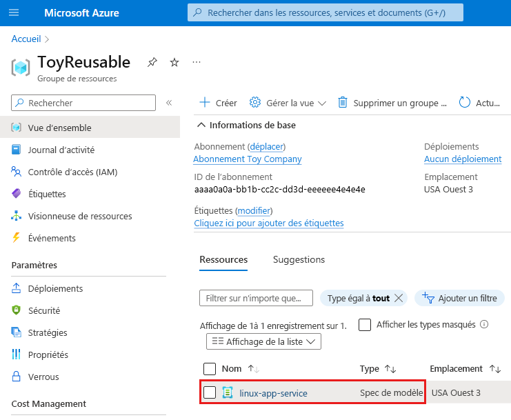 Capture d’écran du Portail Azure qui montre le groupe de ressources, avec la spec de modèle mise en surbrillance.