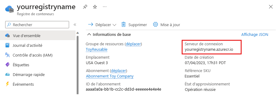 Capture d’écran du portail Azure montrant les détails du registre de conteneurs, avec le serveur de connexion mis en évidence.