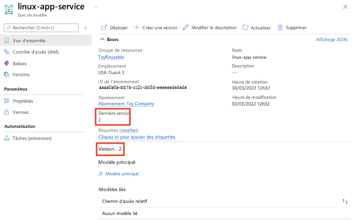 Capture d’écran du Portail Azure affichant les détails de la spec de modèle.