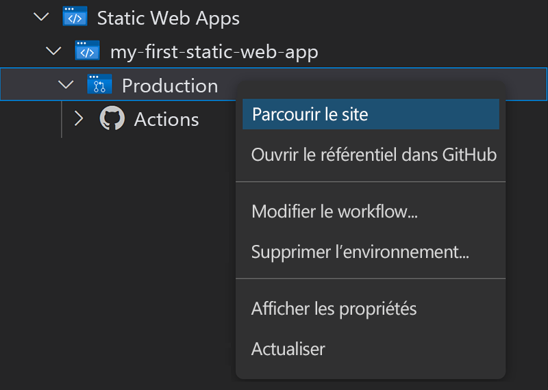 Screenshot showing how to use the Visual Studio Code extension to browse the static web app.