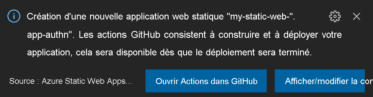 Capture d’écran montrant la fenêtre indépendante Afficher/modifier la configuration ou Ouvrir des actions dans GitHub.