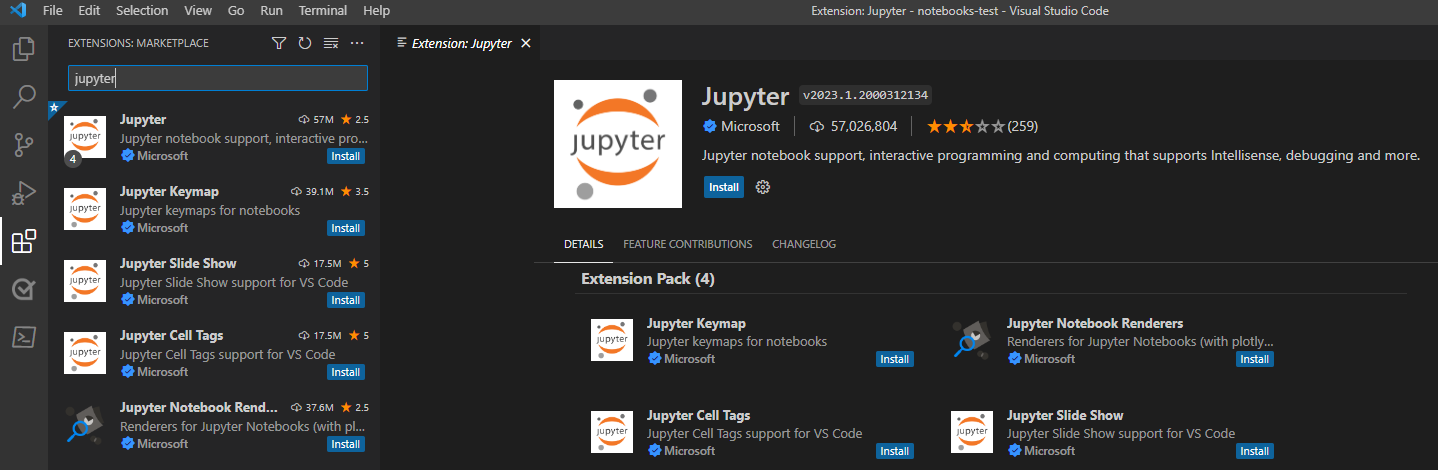 Capture d’écran montrant l’extension Jupyter dans Visual Studio Code.