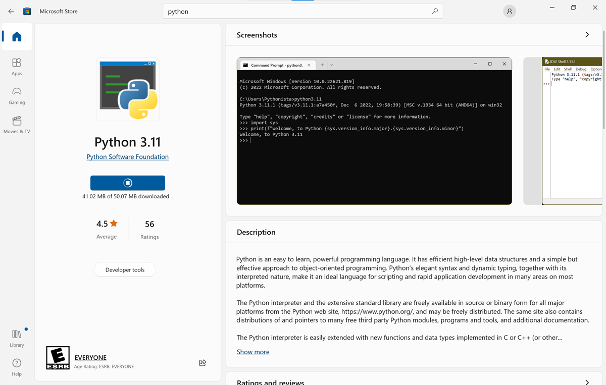 Capture d'écran de la progression de l'installation de Python à partir du Microsoft Store.