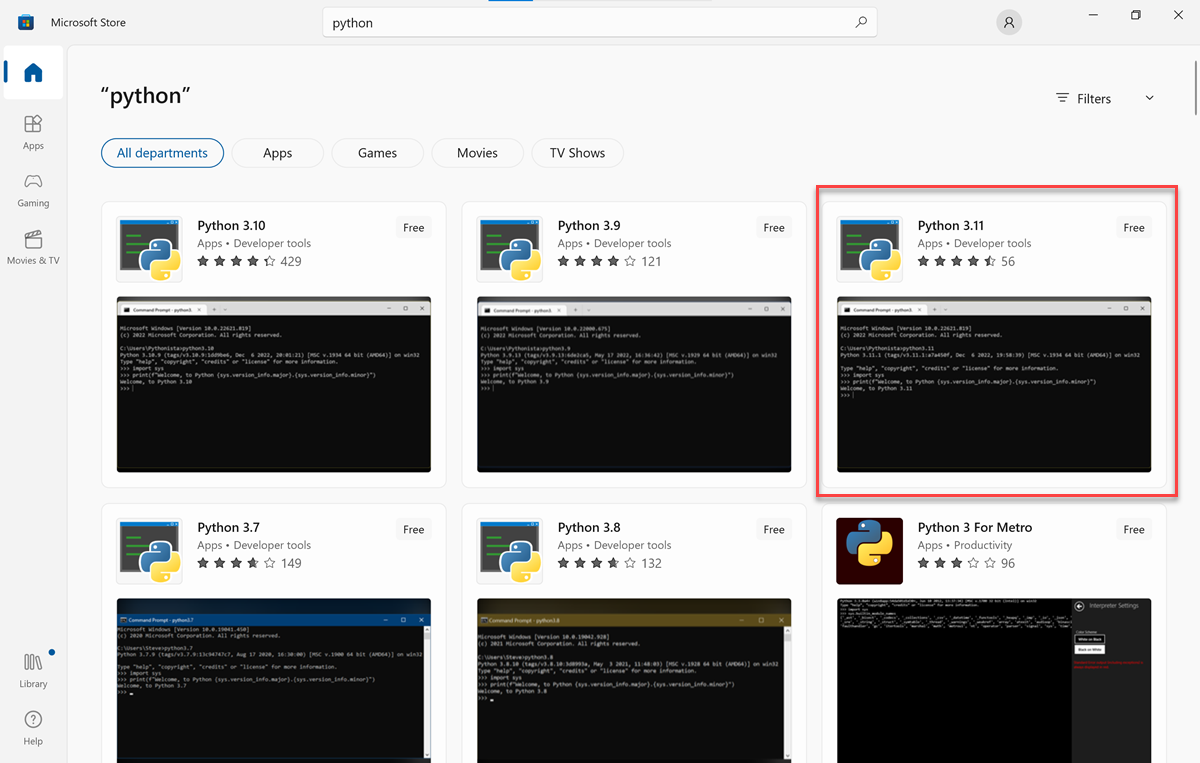 Capture d’écran de l’écran des résultats de la recherche de Microsoft Store pour Python, avec Python 3.11 en évidence.