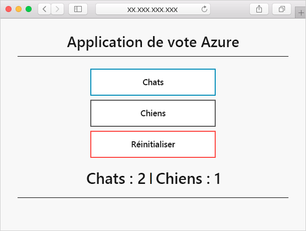 Capture d’écran montrant l’application de vote Azure avec deux choix dans un navigateur. Chiens et chats.