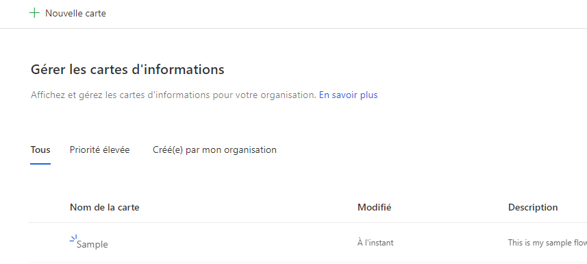 Écran Gérer les cartes d’insights affichant les champs Nom de la carte, Date de modification, Description et Priorité élevée.