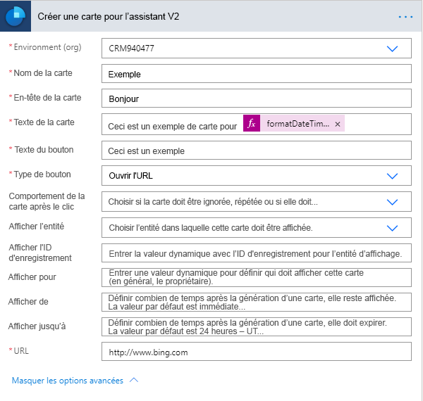 Créer une carte pour l’assistant avec toutes les colonnes obligatoires remplies et plusieurs options avancées affichées.