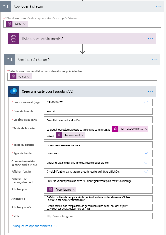 Appliquer à chacun avec l’action Répertorier les enregistrements, puis Appliquer à chacun 2 avec l’action Créer une carte pour l’assistant.