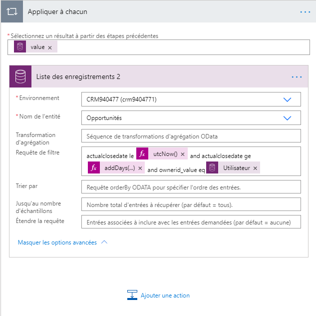 La requête de filtrage est définie sur actualclosedate le utcNow() et actualclosedate ge addDays(...) et _ownerid_value eq User.