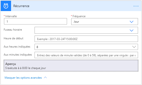 Boîte de dialogue Périodicité avec Intervalle défini sur 1 et Fréquence sur Semaine.