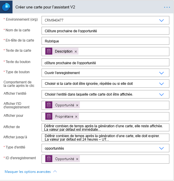 Les détails de Créer une carte pour l’assistant affiche toutes les colonnes obligatoires et plusieurs options avancées définies.