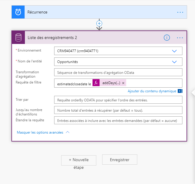 La requête de filtre est définie sur estimatedclosedate le addDays(...).