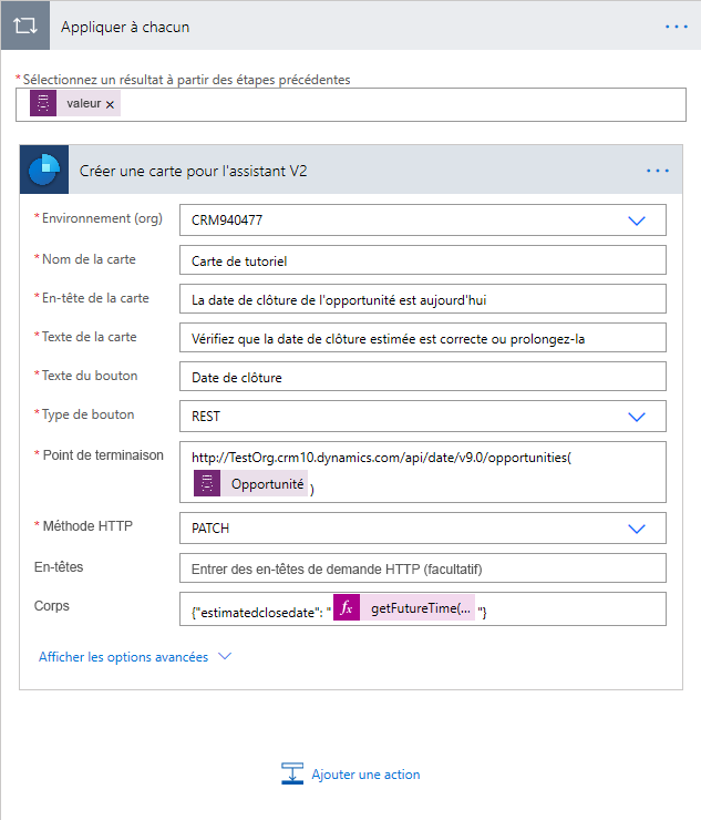 Sélectionnez REST comme type de bouton et ajoutez un point de terminaison OData avec l’ID d’opportunité.