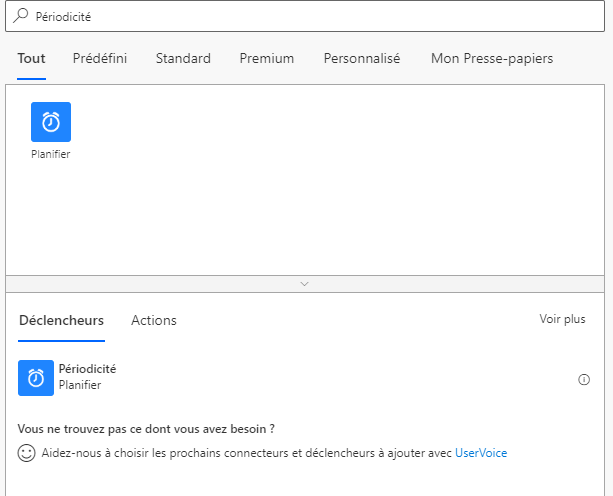 Les résultats de la recherche de périodicité affichent Planning de périodicité dans l’onglet Déclencheurs.