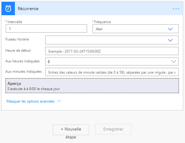 Dans la boîte de dialogue Périodicité, la propriété Aux heures indiquées est définie sur 8.