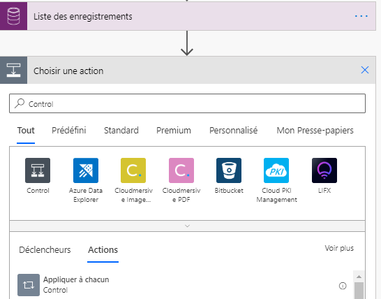 Les résultats de la recherche de Appliquer à chacun présentent le contrôle Appliquer à chacun dans l’onglet Actions.