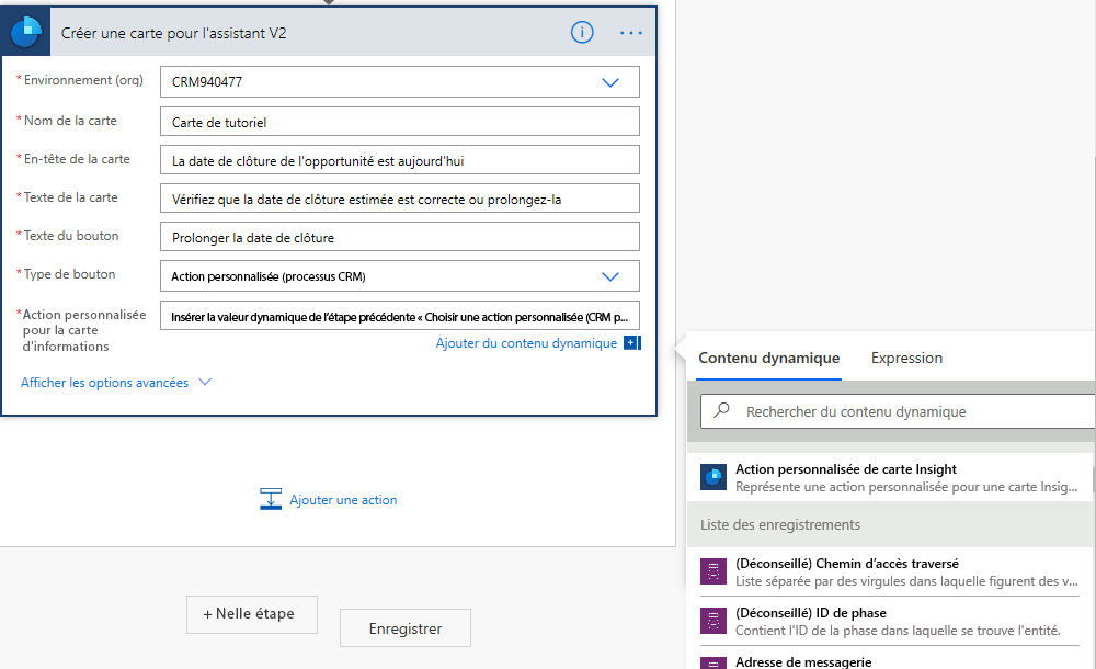 Sélectionnez Action personnalisée pour la carte d’informations dans Contenu dynamique.