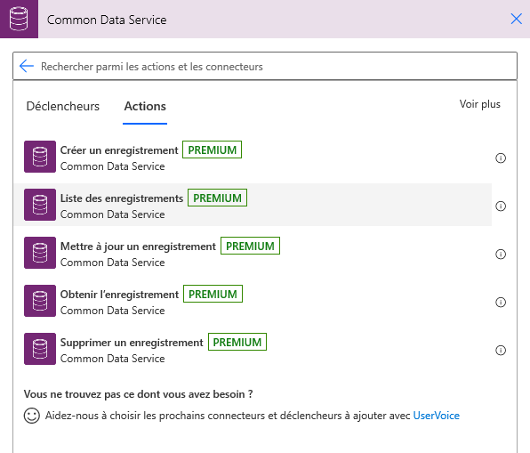 Saisissez Microsoft Dataverse et choisissez Répertorier les enregistrements.