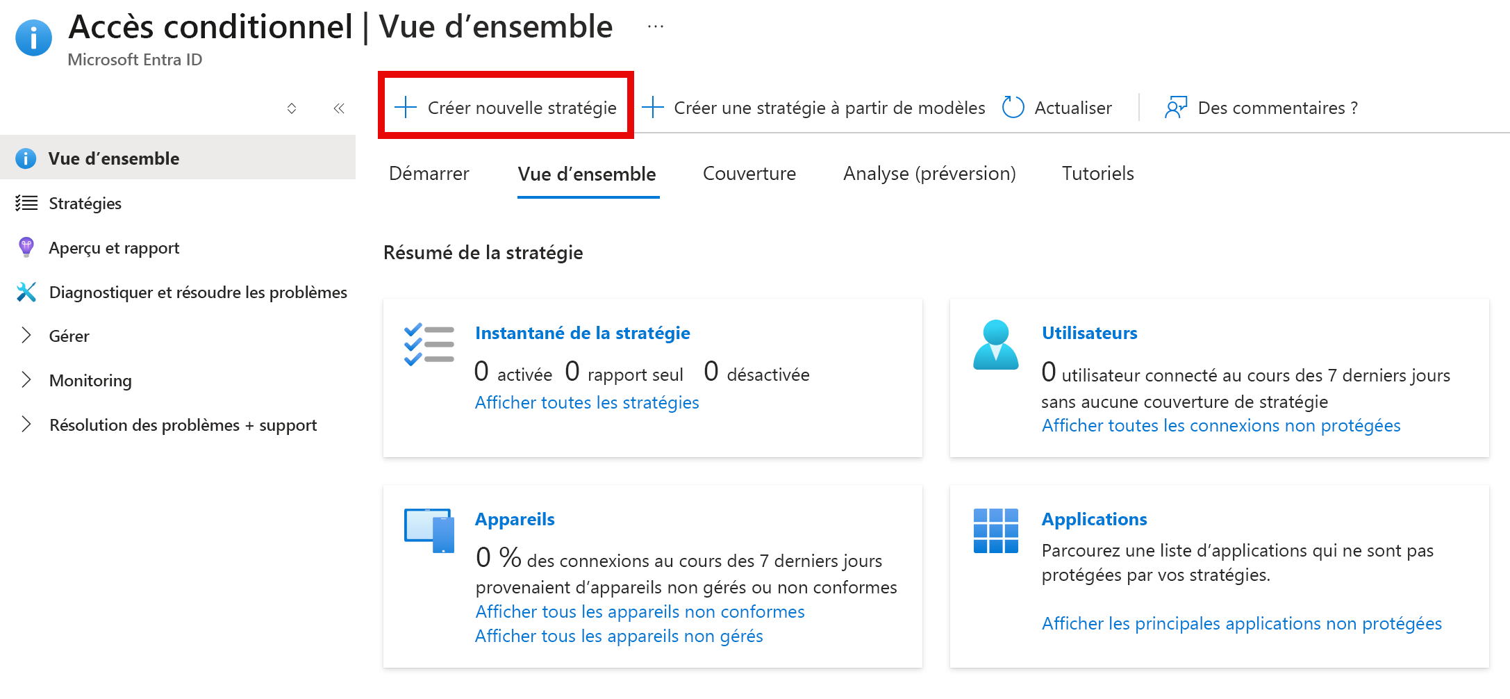 Capture d’écran mettant en évidence le bouton Nouvelle stratégie dans le Portail Azure.