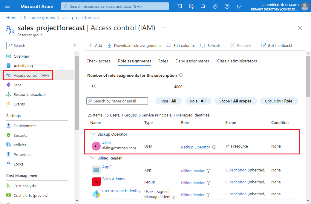 Capture d’écran du portail Azure montrant le volet Contrôle d’accès - Attribution de rôle, avec la section Opérateur de sauvegarde en évidence.